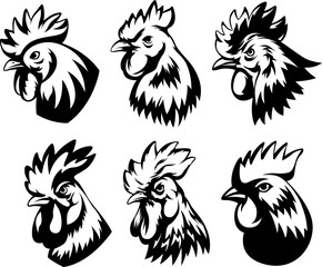 Head of rooster set. Cock abstract character illustration. Graphic logo designs template for emblem. Image of portrait for company use.