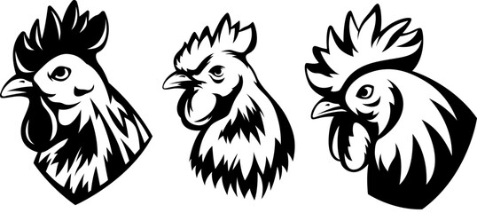 Head of rooster set. Cock abstract character illustration. Graphic logo designs template for emblem. Image of portrait for company use.