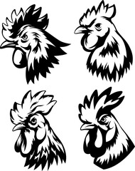 Head of rooster set. Cock abstract character illustration. Graphic logo designs template for emblem. Image of portrait for company use.