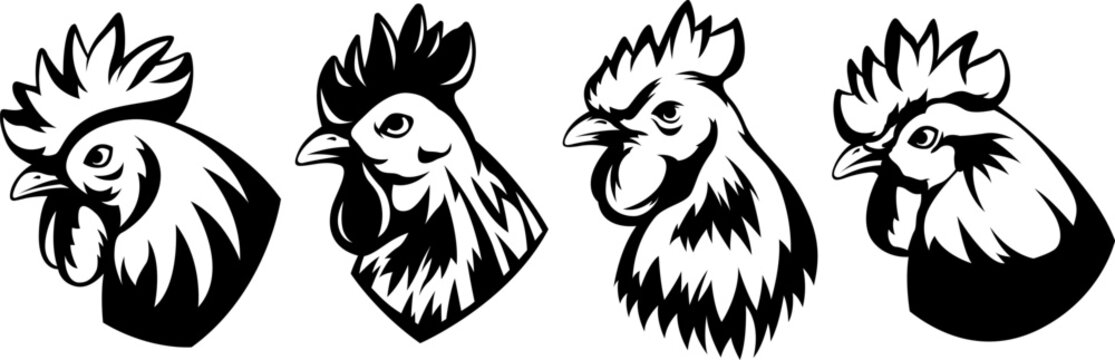 Head of rooster set. Cock abstract character illustration. Graphic logo designs template for emblem. Image of portrait for company use.