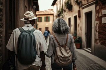 Naklejka premium Senior couple with gray hair traveling Italy. They are walking exploring Italian cities during the summer. Created with generative AI