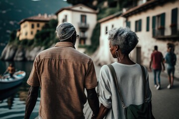 Obraz premium Senior couple with gray hair traveling Italy. They are walking exploring Italian cities during the summer. Created with generative AI