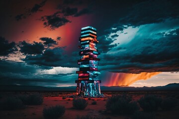 large illuminated column in a desert under the evening sky created with Generative AI technology