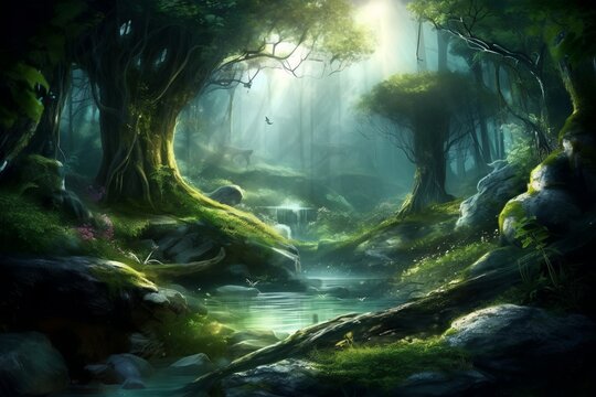 Fantasy forest landscape. Life in the magical woods. Illustration