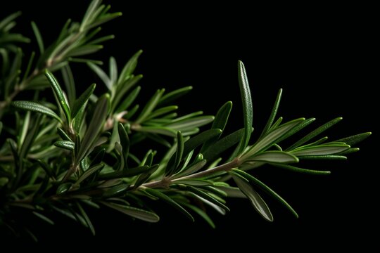 Fresh rosemary herb leaves isolated on the black background. Generative AI