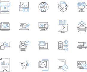 Media corporation outline icons collection. Media, Corporation, Publishing, News, Print, Digital, Network vector and illustration concept set. Broadcast, Content, Video linear signs