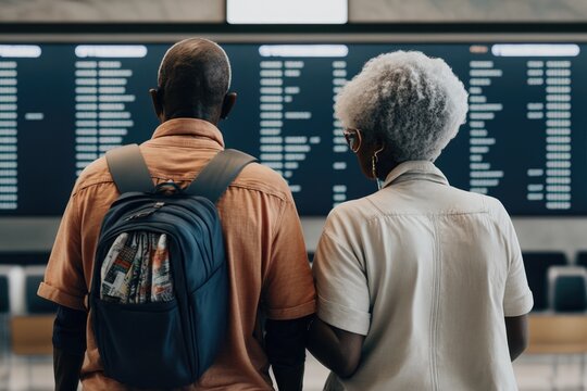 Senior couple at the airport. They are ready for the travel vacation. Created with AI