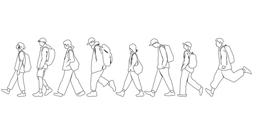 Vector silhouettes of  men and a women with backpack, a group of walking  business people, profile, studets traveling, linear sketch, black and white color isolated on white background