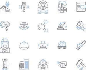 Builder production outline icons collection. Constructor, Fabricator, Manufacturer, Assembler, Producer, Carpentry, Craftsman vector and illustration concept set. Artisan, Joiner, Craftsmanship linear