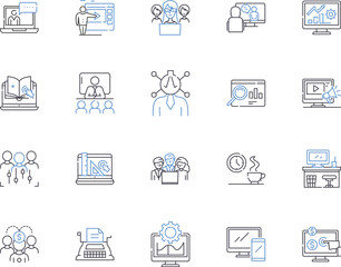 Working management outline icons collection. Workforce, Management, Organizing, Supervising, Directing, Planning, Coordinating vector and illustration concept set. Scheduling, Strategizing