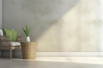 A wicker chair and a plant in a vase are seen in this mockup of a neutral room next to an empty white wall. Generative AI