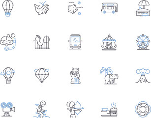 Outdoor leisure outline icons collection. Hiking, Camping, Climbing, Backpacking, Kayaking, Canoeing, Fishing vector and illustration concept set. Swimming, Skating, Surfing linear signs