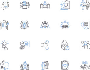 Office supplies outline icons collection. Supplies, Stationery, Pens, Paper, Printer, Desk, Calculator vector and illustration concept set. Chair, Pencils, Stapler linear signs
