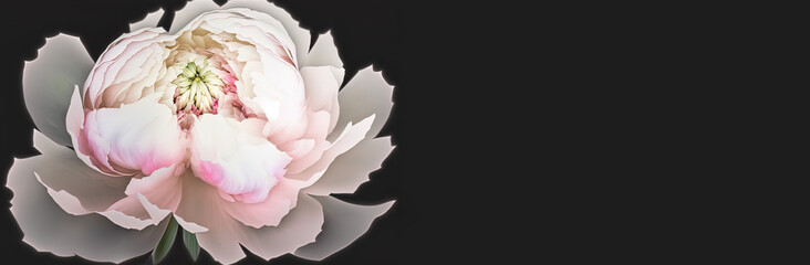 Pink peony flower card, pink lotus blossom, isolated on black. Generative AI.