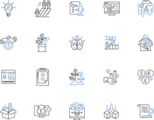 Objectives and Key Results outline icons collection. Goals, Objectives, Outcomes, Success, Metrics, KRA, KRAs vector and illustration concept set. KPI, KPIs, Initiatives linear signs