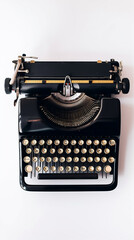 black Vintage Typewriter with golden details on a white background 