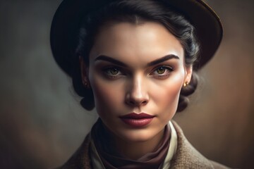 pretty young woman with dark hair pinned up under a hat created with Generative AI technology