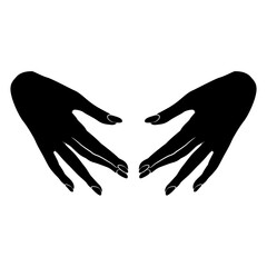 Two beautiful female hands with long nails in elegant gesture. Cartoon style. Black and white silhouette.