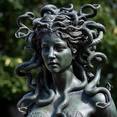 Mysterious medusa character in the forest. Stone head. Illustration