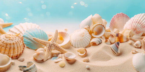 Fototapeta na wymiar Seashell, starfish and beach sand, Summer holiday concept. Generative AI