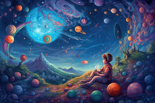 Cartoon kid space explorer. sketch art for artist creativity and inspiration. generative AI	
