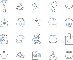 Fashion production outline icons collection. Clothing, Manufacture, Outfit, Design, Runway, Apparel, Cutting vector and illustration concept set. Styling, Textiles, Garment linear signs