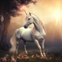 Naklejka na ściany i meble Mysterious unicorn horse in the woods. beautiful scene.
