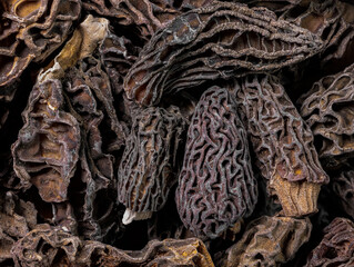 super macro shoot of dried morel mushrooms very close in detail. Ideal food background.
