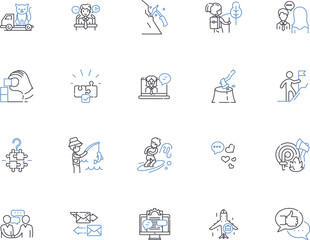 Adventure and outdoor activities outline icons collection. Hiking, Biking, camping, Trekking, Rock-climbing, Kayaking, Skiing vector and illustration concept set. Snowboarding, Canoeing, Surfing