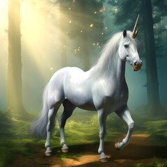 Mysterious unicorn horse in the woods. beautiful scene.