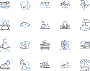 Travelingand vacation outline icons collection. Holiday, Touring, Escapade, Exploring, Excursion, Outing, Trekking vector and illustration concept set. Trip, Getaway, Voyage linear signs