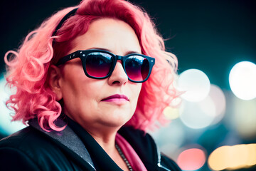 Portrait of a plus size senior woman, overweight fat body with messy red-pink hair.  Concept of body positive. Generative AI