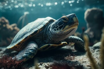 Obraz na płótnie Canvas Closeup detail of a turtle under water. Sea life illustration.