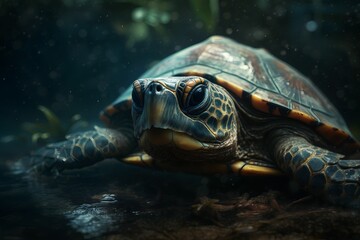 Obraz na płótnie Canvas Closeup detail of a turtle under water. Sea life illustration.