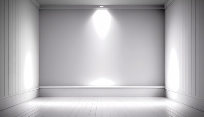 White walls and white floor. Rays of light. Copy space. Generative AI