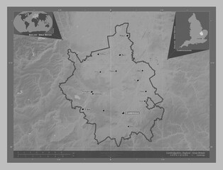 Cambridgeshire, England - Great Britain. Grayscale. Labelled points of cities