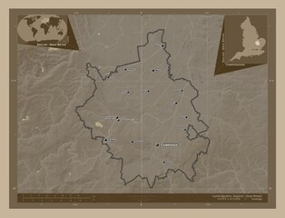 Cambridgeshire, England - Great Britain. Sepia. Labelled points of cities