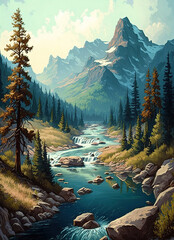 a painting of a river running through a valley, mountains, nature cartoon landscape  