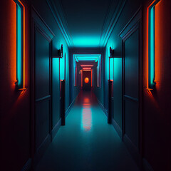 Neon hotel hallway, Generative AI