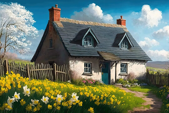 A small cottage surrounded by blooming daffodils and a clear blue sky above 