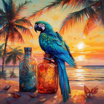 Beautiful blue macaw at sunset, Generative AI