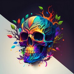 Colorful skull with leaves, Generative AI