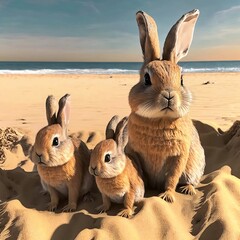 Family of rabbits on the beach, Generative AI