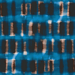 Black, Cerulean and Ecru Watercolor-Dyed Effect Textured Grid Pattern