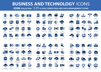 Cloud technology, programming, data management, internet connection, social network, computing, information. 120 blue technology icons set. Flat vector illustration