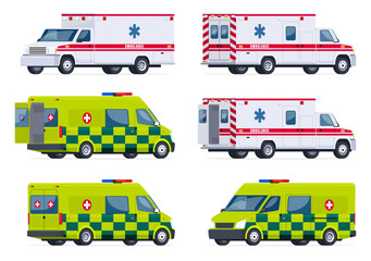 Ambulances. Specially equipped vans for providing assistance to the sick. Vector illustration