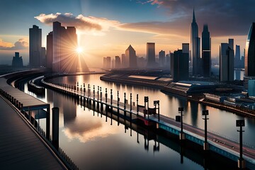 Fototapeta premium Eine Großstadt in der Zukunft mit Skyline