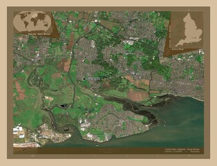 Castle Point, England - Great Britain. Low-res satellite. Labelled points of cities