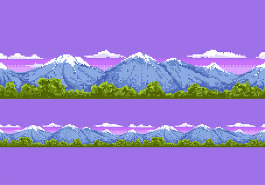 Mountine pixel landscape. The seamless scene with nature and mountains.