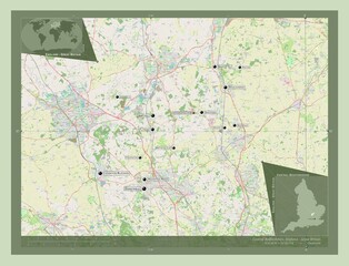 Central Bedfordshire, England - Great Britain. OSM. Labelled points of cities